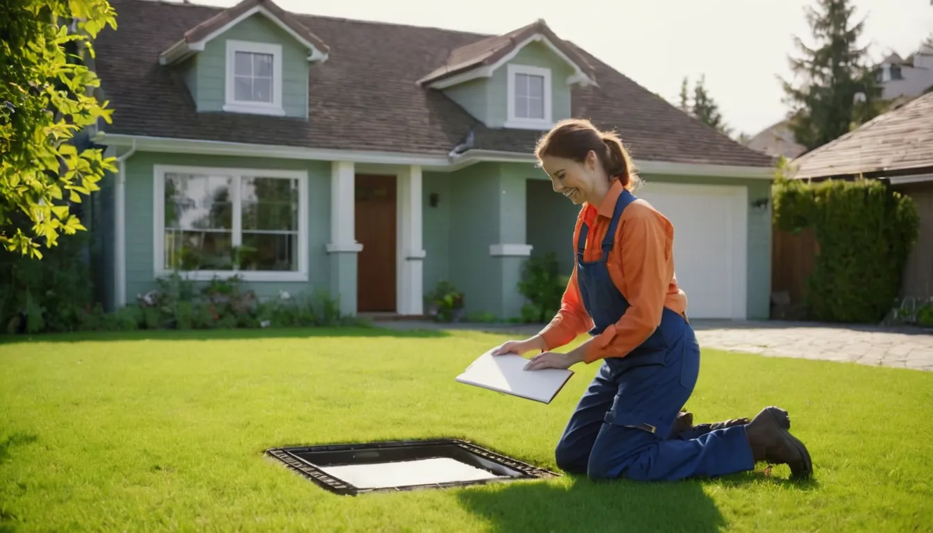 Independent provider inspecting a septic tank access lid in a Lee's Summit backyard with a homeowner nearby