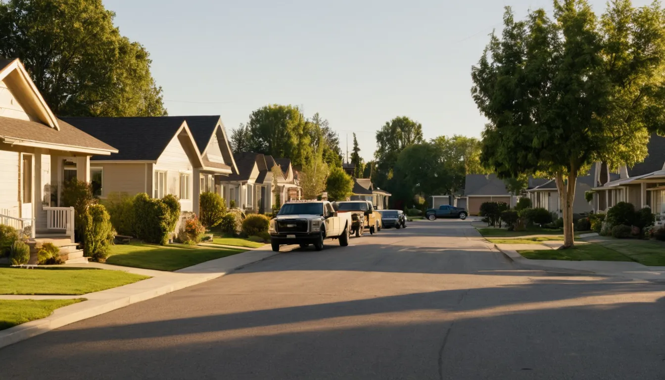 A quiet residential street in the Lee's Summit area with ranch homes and bungalows